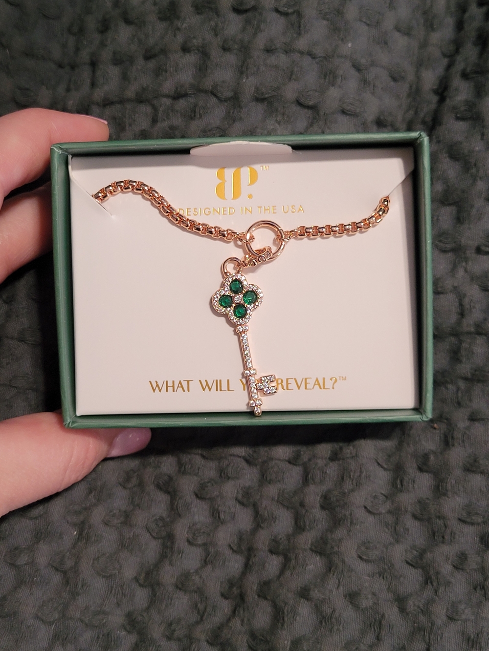 Gold Key Pendant Necklace with Green Crystal Accents by PP